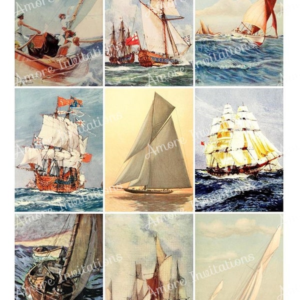 Printable Vintage Sailing Boats Digital Collage Sheet, Clip Art, Father's Day, ATC  JPEG  PDF  Instant Download  Downloadable  Cu