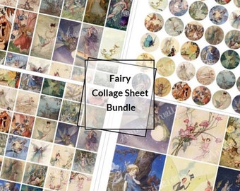 Printable Vintage Fairy Digital Collage Sheet Bundle, 1x2 inch Domino Images, 1 Inch Squares, 1 Inch Circles, Fairy Download, Commercial use