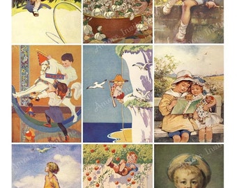 Printable Vintage Children Digital Collage Sheet,, Girls Boys Clip Art, 2.5 x 3.5 Inches, JPEG, Instant Downloadable, Commercial use, CU Use