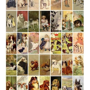 Printable Vintage Dogs Digital Collage Sheet, 1x2 inch Domino Images, Clip Art, Puppies, JPEG, PDF, Instant Download, Commercial Use