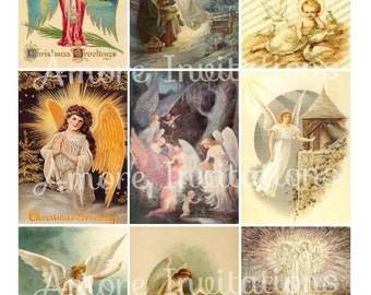 Printable Digital Vintage Christmas Angels Collage Sheet, ATC, Clip Art, Scrapbooking, JPEG, Instant Download, Downloadable Files, Cu use