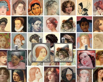Vintage Ladies Faces Collage Sheet: Printable 1 Inch Squares (PDF JPEG) Digital Download
