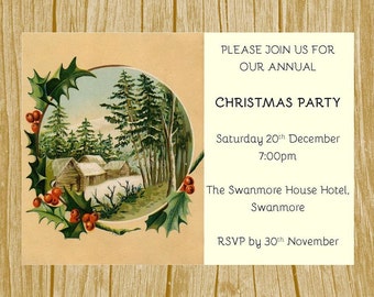 Digital Printable Cottage Holly Christmas Party, Birthday, Wedding Invitation, Vintage Invitation Instant Download Microsoft Word