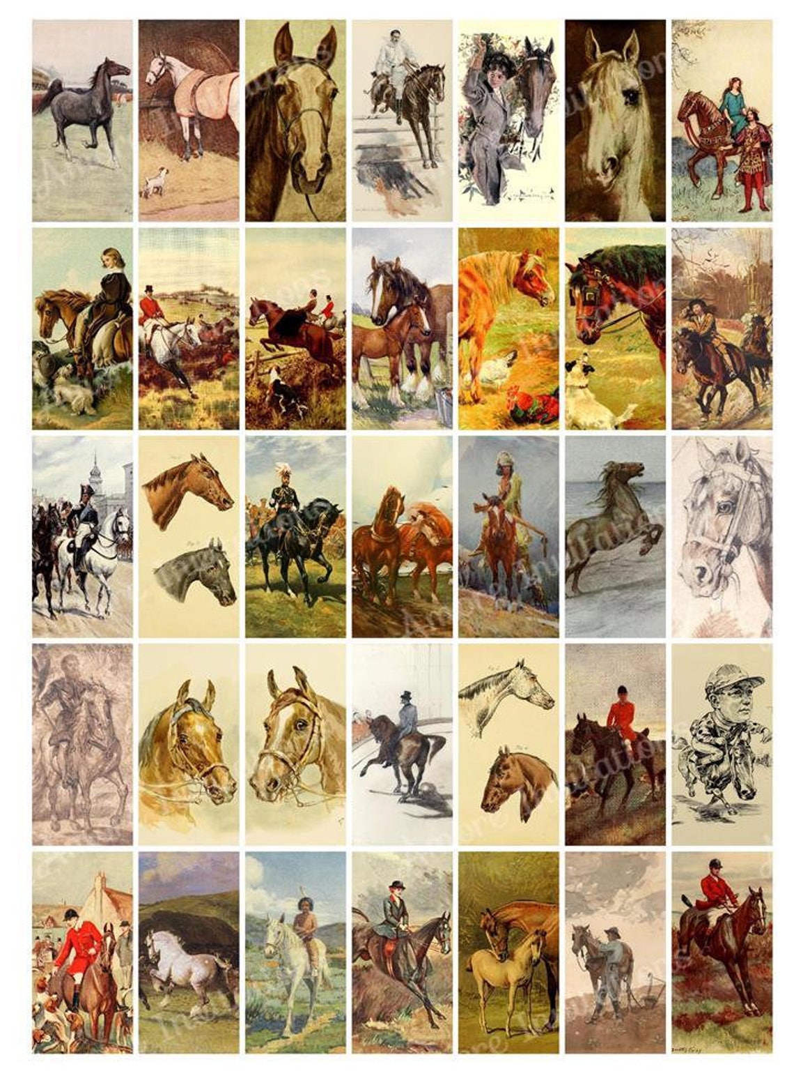 Printable Vintage Horses Digital Collage Sheet, 1x2 Inch Domino Images ...