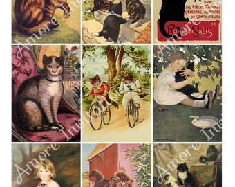 Vintage Cats Collage Sheet: Printable Kitten Clip Art (PDF JPEG) Digital Download