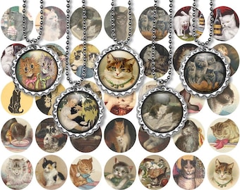 Vintage Victorian Cats Collage Sheet: 1 Inch Circles (PDF JPEG) Digital Download