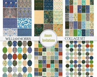 Printable Vintage William Morris Digital Collage Sheet Set, 1x2 inch Domino Images, 1 Inch Squares, 1 Inch Circles, Ovals, Commercial Use