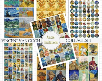 Van Gogh Digital Collage Sheet Set: 1" Circles & Squares (JPEG, Commercial Use) Digital Download