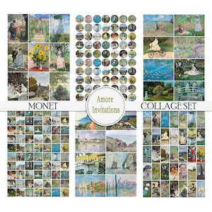 Printable Vintage Claude Monet Digital Collage Sheet Set, 1x2 inch Domino Images, 1 Inch Squares, 1 Inch Circles, JPEG, Commercial Use