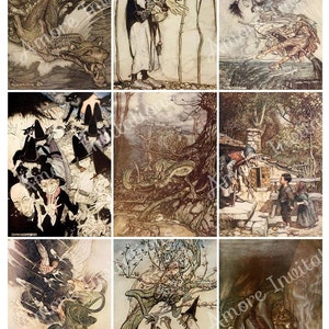 Afdrukbare heksen, tovenaars en mythische wezens Digitaal collageblad, draken, Arthur Rackham-afbeeldingen, Halloween-download commercieel gebruik