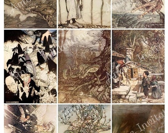 Printable Witches, Wizards & Mythical Creatures Digital Collage Sheet, Dragons, Arthur Rackham Images, Halloween Download Commercial Use