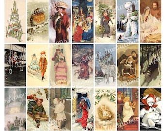 May include: A digital collage of vintage Christmas images. The images feature a variety of scenes, including Santa Claus, angels, snowmen, children, and religious figures. The images are in a variety of styles, including illustrations, photographs, and postcards.