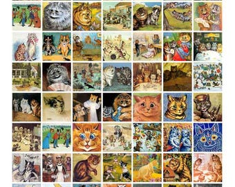 Digital Printable Vintage Louis Wain, Cats, 1 Inch Squares, 1" Square Clip Art, Printable Download, JPEG, CU, Commercial Use