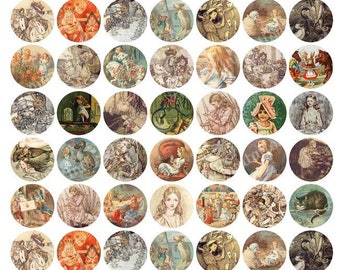 Printable Alice in Wonderland Digital Collage Sheet, 1" Circles Round, John Tenniel Arthur Rackham Images One Inch Printables Commercial Use