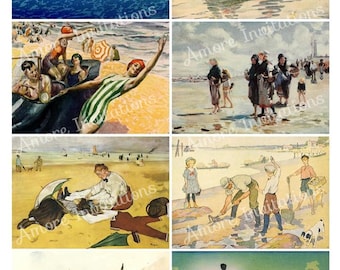 Printable Vintage Beach Digital Collage Sheet, Clip Art, Images atc, PDF  JPEG  Instant Download  Downloadable  Commercial Use  CU use