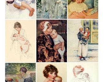 Printable Vintage Mothers & Children, Babies Digital Collage Sheet, Clip Art, Images, JPEG  Instant Download Downloadable, Cu Commercial Use