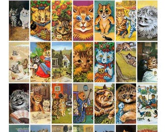 Digital Printable Vintage Louis Wain, Cats, 1x2 inch Domino Images, Clip Art, Printable Download, JPEG, CU, Commercial Use