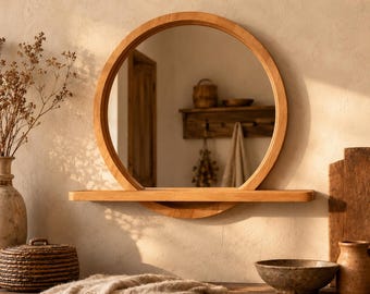Handcrafted Round Wooden Mirror Frame with Shelf, Custom Solid Wood Wall Decor