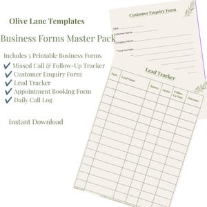 Könnte beinhalten: Ein Business-Formular-Set von Olive Lane Templates mit fünf druckbaren Dokumenten, darunter ein Kundenanfrageformular und ein Lead-Tracker. Die Formulare haben einen cremefarbenen Hintergrund mit olivgrünem Text und Blattmotiven.
