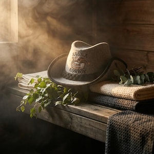 Könnte beinhalten: Ein grauer Cowboyhut aus Filz mit dem Text "SAUNA COWBOY" und einer Grafik eines Holzeimers. Der Hut liegt auf einer Holzbank mit gefalteten Handtüchern und Grünzeug. Die Szene spielt in einer Sauna.