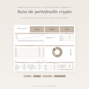 May include: A Google Sheets crypto portfolio tracker template featuring a dashboard with a line chart, a donut chart, and various data tables. The text includes "Suivi de portefeuille crypto", "Tableau de bord", and "11 onglets, 5 langues, Prix en direct, Fiscalité incluse".