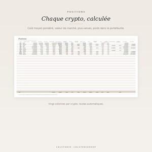 May include: A digital spreadsheet template for cryptocurrency tracking titled Positions, Chaque crypto, calcul&eacute;e. It features columns for weighted average cost, market value, gains, and portfolio weight, with twenty automated columns for data entry.