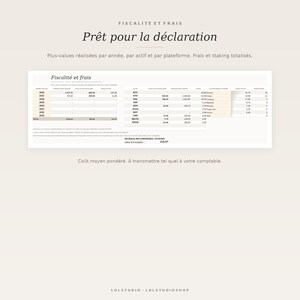 May include: A digital financial report titled Fiscalit&eacute; et frais, Pr&ecirc;t pour la d&eacute;claration, displaying cryptocurrency tax data. The document includes tables with columns for fiscal years, asset types, sales proceeds, fees, and staking rewards.
