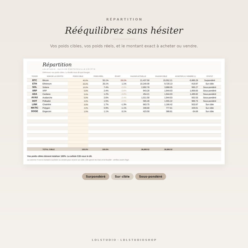 May include: A digital spreadsheet titled R&eacute;partition featuring a crypto portfolio tracker. It lists tickers like BTC, ETH, and SOL with columns for target weight, actual weight, variance, current value, target value, buy or sell amounts, and status.