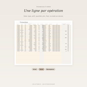 May include: A digital spreadsheet template for tracking financial transactions with columns for date, type, asset, quantity, price, and fees. The document features the text Transactions, Une ligne par op&eacute;ration, and labels Achat, Vente, R&eacute;compense.