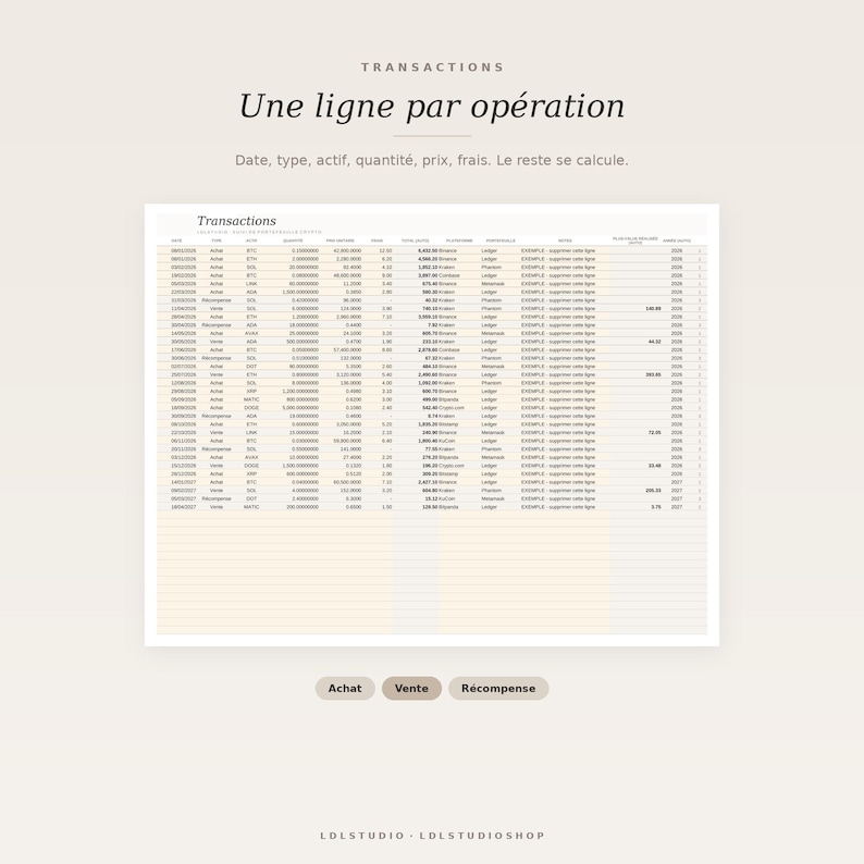 May include: A digital spreadsheet template for tracking financial transactions with columns for date, type, asset, quantity, price, and fees. The document features the text Transactions, Une ligne par op&eacute;ration, and labels Achat, Vente, R&eacute;compense.