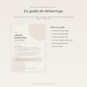 May include: A digital document titled Crypto Portfolio Tracker, featuring a four-page startup guide in French and English. It outlines installation steps, accounting methods, and FAQs, with sections detailing file contents, language options, and usage limits.