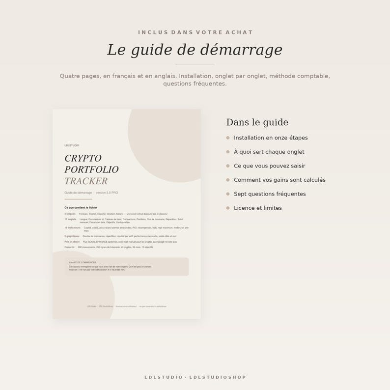 May include: A digital document titled Crypto Portfolio Tracker, featuring a four-page startup guide in French and English. It outlines installation steps, accounting methods, and FAQs, with sections detailing file contents, language options, and usage limits.