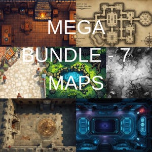 Pode incluir: Um conjunto de sete mapas de jogos de RPG de fantasia. Os mapas incluem um interior de taverna, uma cripta, uma praça da cidade, uma floresta com um lago, um cemitério, um interior de castelo e um interior de nave espacial futurista. O texto "MEGA BUNDLE - 7 MAPS" está sobreposto.