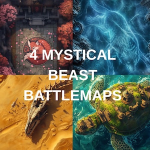 May include: A composite image featuring four mystical beast battlemaps. The image includes a fox, a wolf, a dragon skeleton, and a turtle with a city on its back. The text "4 Mystical Beast Battlemaps" is overlaid on the image.