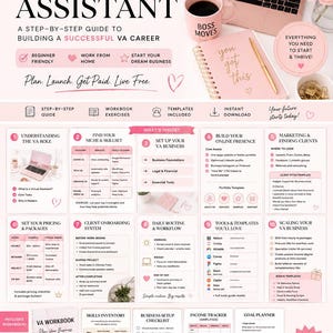 May include: A digital guide titled How to Become a Virtual Assistant featuring a step-by-step career plan. The layout includes sections on business foundations, client onboarding, daily routines, and scaling, plus a workbook with checklists.