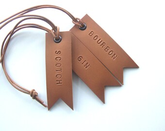 Set of 3 Decanter Tags, Hand Stamped Leather Tags, Gift for Her, Gift for Him, Handmade in UK