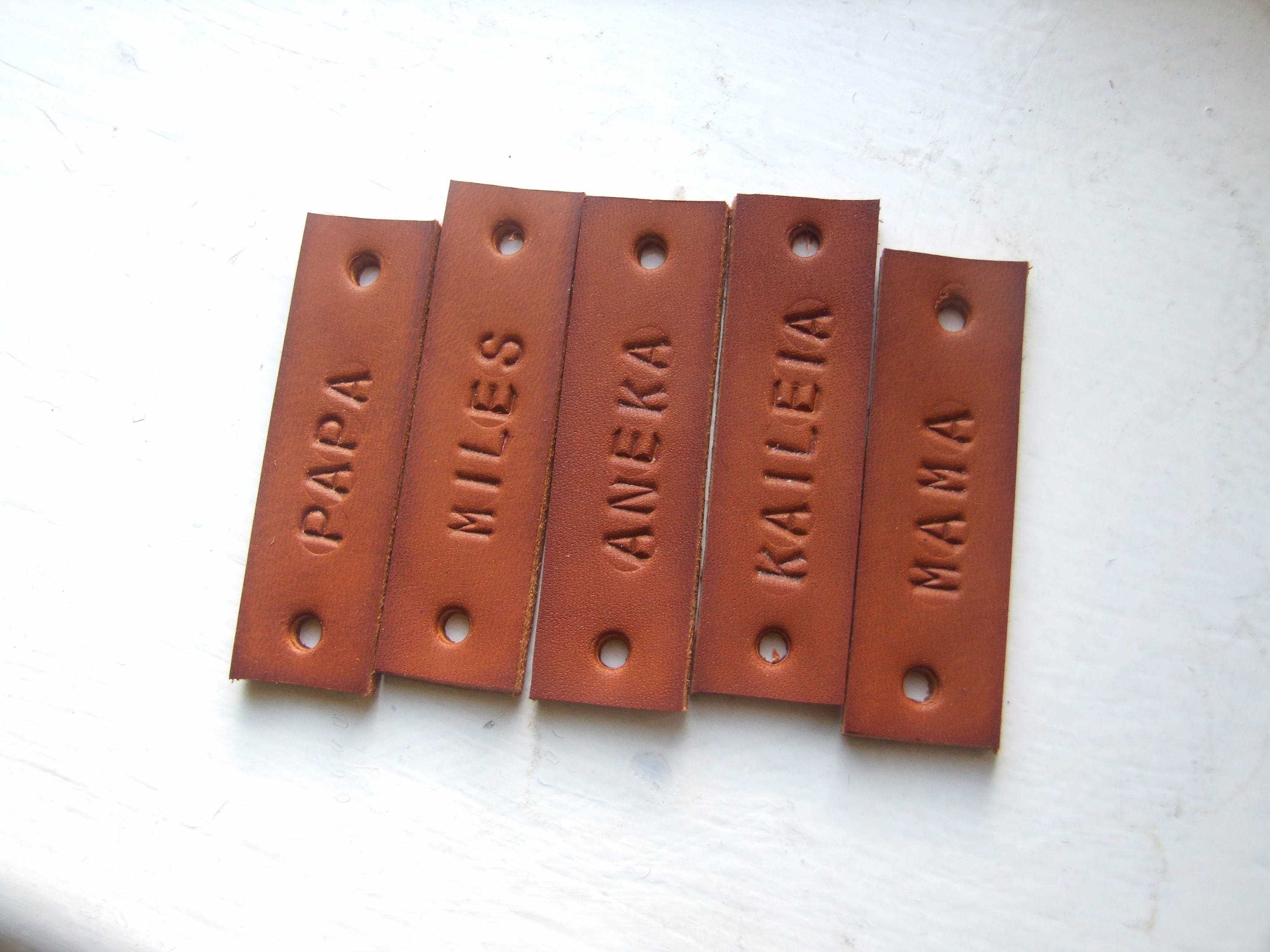 set-of-5-small-name-tags-hand-stamped-leather-tags-gift-for-etsy