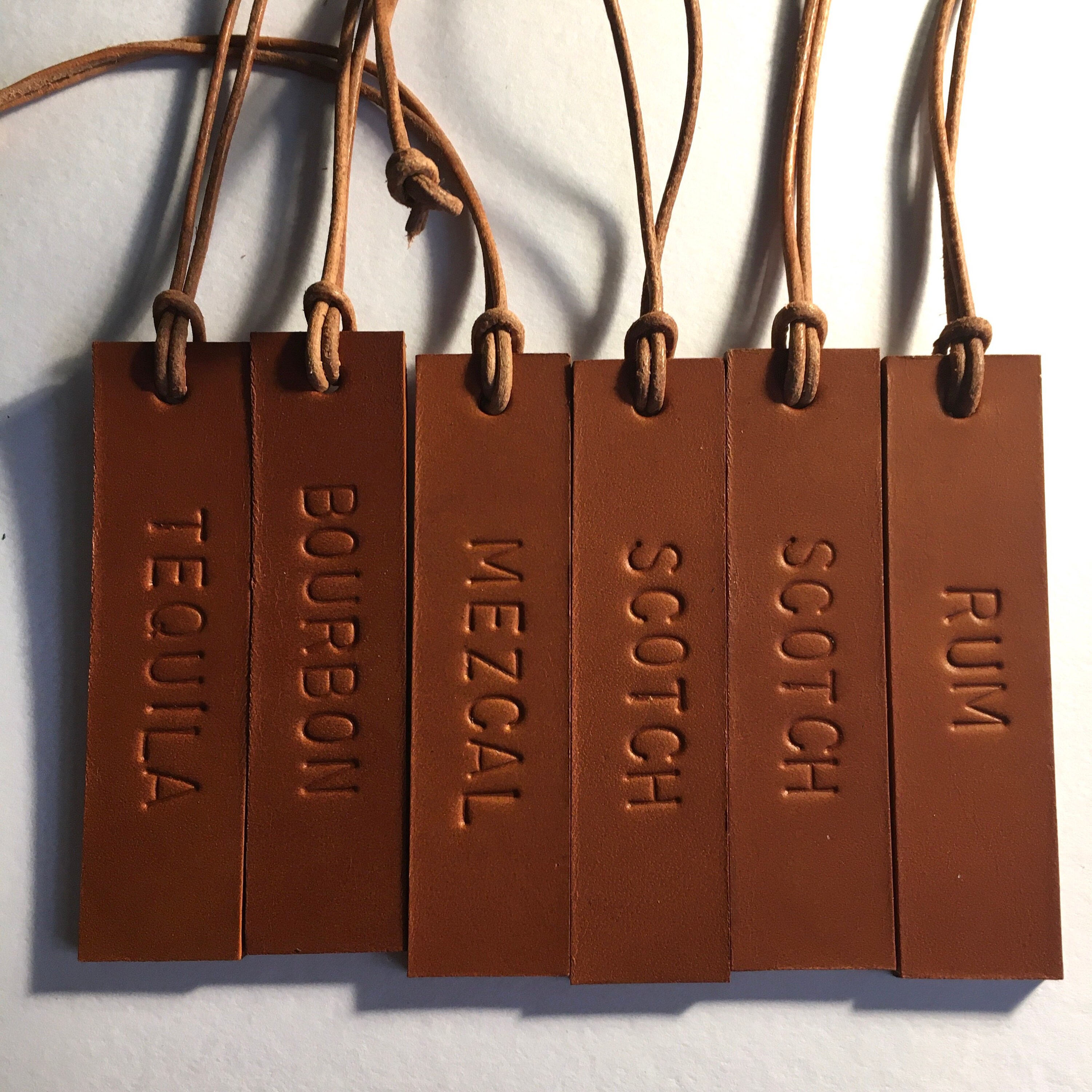 Custom Set of 6 SMALL Decanter Tags Hand Stamped Leather Name Etsy
