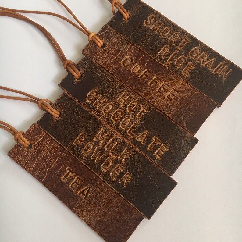 Custom Set of 6 SMALL Decanter Tags Hand Stamped Leather Name Etsy