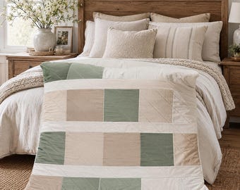 Modern quiltpatroon met kleurblokken (PDF), geometrisch patchwork quiltpatroon, quilthandleiding voor beginners, zelf een sprei maken, direct downloaden