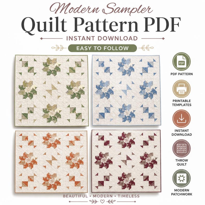 モダンサンプラーキルトパターンPDF、パッチワークスローキルトパターン、即時ダウンロード、初心者向けキルトパターン、印刷可能なキルトチュートリアル 画像 6