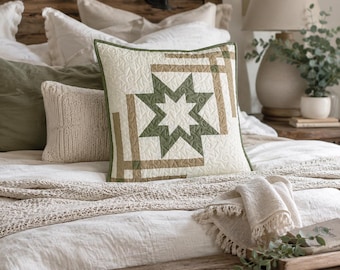 Patroon voor een kussenhoes met sterrenmotief (PDF), naaipatroon voor een patchwork kussen, handleiding voor een gewatteerde kussenhoes, direct te downloaden, doe-het-zelf woondecoratie