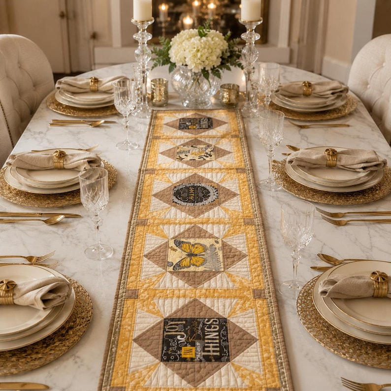 May include: A rectangular quilted table runner featuring a geometric pattern in shades of yellow, cream, and brown. The design includes square panels with printed motifs of butterflies and text, centered on a white marble dining table with place settings.