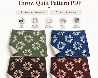 Patroon voor een patchworkdeken met zwaluwen (PDF), modern patchworkdekenpatroon, tutorial voor een patchworkdeken, vliegende zwaluwendeken, direct te downloaden.