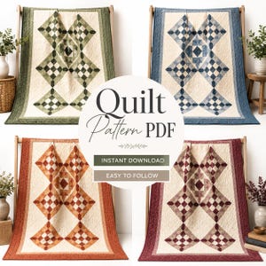 May include: A digital quilt pattern PDF featuring four variations of a geometric block design in olive green, navy blue, burnt orange, and deep red. The text reads Quilt Pattern PDF, Instant Download, and Easy to Follow on a central circular overlay.