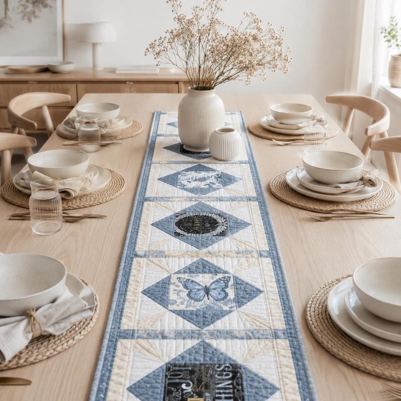 May include: A rectangular fabric table runner featuring a quilted pattern with blue and cream geometric borders. The design includes central square panels displaying a blue butterfly, floral motifs, and text, laid out on a light wood dining table.