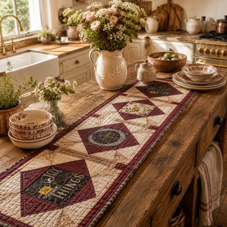 May include: A quilted table runner featuring a repeating diamond pattern in shades of cream, tan, and deep burgundy. The fabric panels include printed text that reads "JOY IN THINGS" and "GATHER" set against dark backgrounds with floral motifs.
