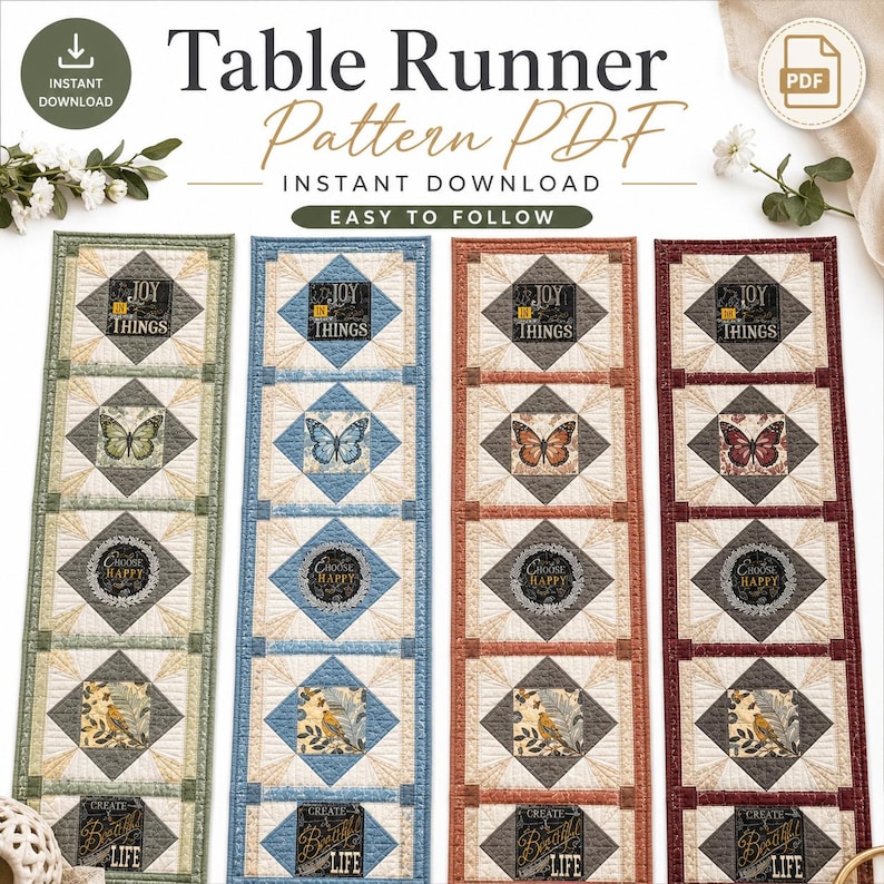 May include: A digital PDF pattern for a quilted table runner featuring four vertical designs in green, blue, orange, and burgundy. Each runner displays square blocks with butterfly illustrations, floral motifs, and text including Joy in Things, Choose Happy, and Create Beautiful Life.