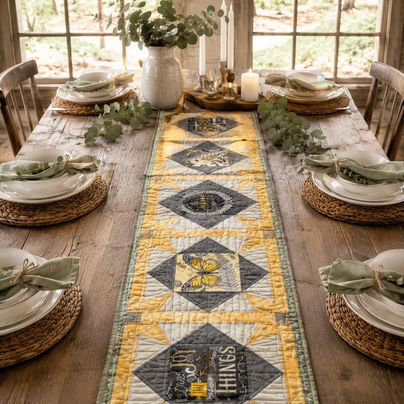 May include: A quilted table runner featuring a repeating diamond pattern in shades of yellow, gray, and white, decorated with printed butterfly and botanical motifs, laid across a rustic wooden dining table with place settings and greenery.