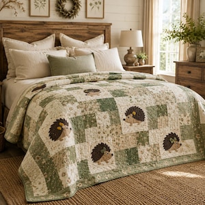 May include: A patchwork quilt featuring a repeating pattern of green and cream squares with floral prints and appliqued brown hedgehogs. The hedgehogs are decorated with small bows in various colours. The quilt covers a bed with multiple pillows.